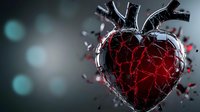 Shattered glass heart with glowing red core breaking apart against dark background, symbolizing emotional pain and heartbreak. Dramatic lighting creates moody atmosphere.