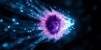 Glowing purple and blue energy vortex with light particles and bokeh effects radiating outward against dark background, creating dynamic motion blur effect.