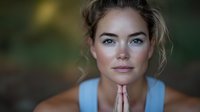 Young woman with blonde hair and blue eyes in prayer or meditation pose against blurred natural background, expressing spirituality, mindfulness and inner peace.