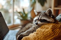 Curious raccoon relaxing on couch next to laptop in bright home office, perfect for pet lifestyle and work-from-home content.