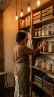 Woman in brown shirt and green apron organizing glass jars filled with grains and dry goods on wooden shelves in warm-lit pantry with pendant lights and labeled storage boxes.