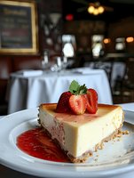 Creamy cheesecake slice with fresh strawberries and berry sauce on white plate, served in upscale restaurant setting with elegant tables and ambient lighting.