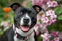 Happy black and white pit bull terrier dog with tongue out sitting in blooming flower garden during spring season for pet adoption and animal care concepts.