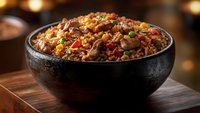 Savory fried rice with tender beef strips, colorful vegetables, and green onions served in black ceramic bowl on wooden surface against dark restaurant background.