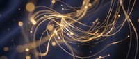 Golden flowing ribbons dance through deep blue space with sparkling light particles creating elegant abstract motion for luxury design backgrounds.