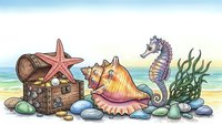 Underwater treasure chest with starfish, seashell, seahorse and seaweed on ocean floor. Marine life collection for coastal decor and summer designs.