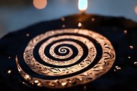 Decorative spiral metal pendant with intricate Celtic pattern design captured in dramatic lighting with soft bokeh background, showcasing detailed craftsmanship and mystical appeal.