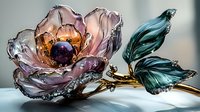 Luxury glass flower brooch with pink petals, purple crystal center and emerald leaves on golden stem, artistic jewelry piece against soft background.