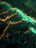 Abstract gold market data visualization with bokeh light effects on dark background. For business presentations.