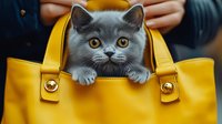 Adorable gray British Shorthair kitten with bright amber eyes peeking out from vibrant yellow leather handbag, creating charming contrast between pet and accessory.