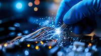 Glowing optical fiber network connection with technician hand in blue glove making repairs, sparkling light effects against dark background with bokeh.