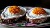 Handcrafted crochet fried eggs on toast, realistic food art displayed on decorative plate. Perfect for kitchen decor or play food.