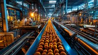 Automated industrial production line with eggs moving on conveyor belt in modern poultry factory. Manufacturing process shown in dramatic lighting.