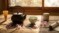 Traditional Japanese tea ceremony setup with cast iron teapot, ceramic cups, bamboo whisk and cherry blossom petals on wooden table by sunlit window.