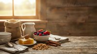Rustic wooden table with fresh berries, honeycomb, granola, cinnamon, and milk jug in warm morning sunlight for healthy breakfast concept.