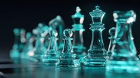 Elegant glass chess pieces with teal illumination on dark background, showcasing strategic game elements for business concept visualization.