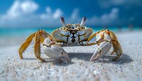 Golden ghost crab on sandy beach with turquoise ocean and cloudy sky background. Marine crustacean wildlife in tropical coastal habitat for nature photography.