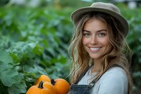 Young Caucasian woman farmer in hat and overalls smiling while harvesting pumpkins in organic garden, natural daylight illuminates her genuine expression.
