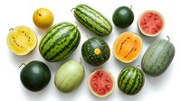 Fresh watermelons and melons collection on white background, whole and sliced fruits showing colorful flesh, healthy summer produce for cooking and nutrition.