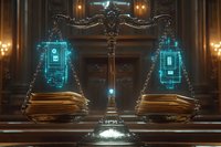 Vintage justice scales balancing glowing digital processor circuits and paper documents, symbolizing legal tech transformation and cybersecurity law concept.
