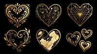 Gold heart collection isolated on transparent background, featuring ornate floral, geometric, and watercolor styles. Ready for Valentine's Day clipart, stickers, t-shirt design, and print on demand.