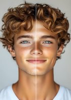 Young male model with curly brown hair and blue eyes showing before and after photo retouching comparison, split screen effect on neutral background.