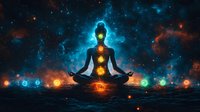 Silhouette in lotus position with glowing chakra energy points against cosmic nebula background, floating orbs of light creating mystical atmosphere.