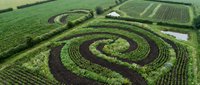 Aerial view of agricultural fields with spiral crop patterns and plowed earth creating geometric designs, suitable for farming, agriculture, and environmental concepts.