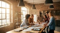 Diverse group of creative professionals collaborating around wooden table with sketches and digital tablets in modern loft office with exposed brick and natural sunlight.
