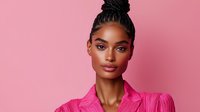 Young African American woman with braided updo hairstyle wearing bright pink blazer jacket poses confidently against pink background, fashion portrait with natural makeup look.