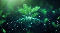 Glowing green plant sprout emerging from digital network surface with sparkles and bokeh effects in dark background, symbolizing sustainable technology growth.