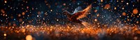 Glowing phoenix rises from sparkling orange embers against dark background, mystical fire bird spreads wings in magical atmosphere with bokeh light effects.