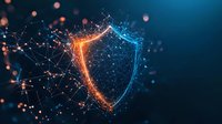 Digital shield formed by glowing orange and blue network connections on dark background with particles and dots, representing cybersecurity and data protection.