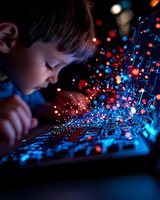 Young Asian boy looking at glowing digital particles emerging from laptop screen in dark room, creating magical atmosphere with red and blue bokeh lights.