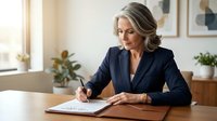 Professional mature Caucasian businesswoman in navy suit writing documents at wooden desk in modern office with natural lighting for corporate communications.