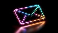 Glowing neon envelope icon with colorful light trails and sparkles on dark background, floating with reflection. Modern digital communication symbol.