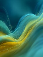 Abstract flowing waves in teal blue and golden yellow with sparkling particles, creating a dynamic fluid art background for luxury branding.