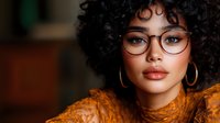 Young African American woman with natural curly hair wearing glasses and gold hoop earrings in orange sweater looking at camera with confident expression.