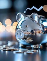 Metallic piggy bank with scattered coins on reflective surface against blurred bokeh lights background, symbolizing financial savings and investment planning.