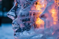 Translucent ice sculpture profile with warm golden light illuminating from within, creating dramatic contrast against cool blue tones in winter setting.