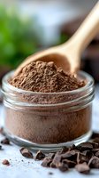 Fine cocoa powder in glass jar with wooden spoon and dark chocolate pieces on white surface, macro food photography with soft natural lighting and bokeh effect.