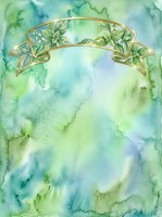 Watercolor background with soft green and blue washes featuring ornate gold ribbon banner adorned with delicate flowers, suitable for invitations, greeting cards, and design projects.
