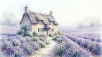 Charming thatched cottage surrounded by blooming lavender fields in countryside setting. Watercolor painting style with soft purple hues and rustic architecture.