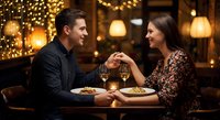 Young couple enjoying romantic dinner date at upscale restaurant with warm lighting and festive decorations, sharing intimate conversation over wine and meal.