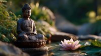 Buddha statue in meditation pose beside blooming lotus flower in serene garden pond setting for mindfulness and spiritual wellness concepts.