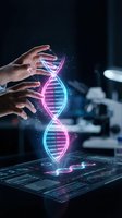 Scientist hands manipulating holographic DNA double helix with glowing neon effects in modern laboratory for genetic research and biotechnology applications.