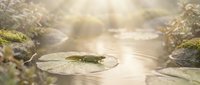 Green frog sitting on lily pad in serene pond with golden sunlight filtering through water creating peaceful natural wetland habitat scene.