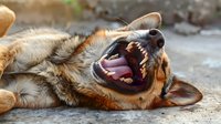 Playful German Shepherd dog lying on side showing teeth in friendly play gesture, displaying healthy canine dental anatomy with open mouth and pink tongue.