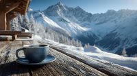 Steaming coffee cup on wooden table at mountain chalet terrace with snowy Alpine peaks and winter landscape view for cozy morning relaxation concept.