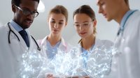 Diverse medical team analyzing digital health data visualization on modern tablet device showing glowing network connections and analytics.
